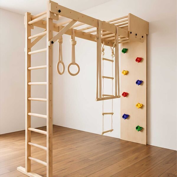 A versatile wooden indoor climbing gym designed for active play for kisd