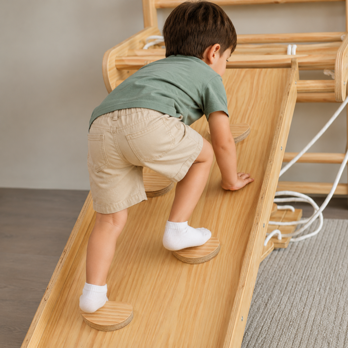 Wooden Indoor Climbing Gym for Kids with Climbing Wall, Rope Net, Ladder, Gym Rings & Monkey Bars For kids - Image 6