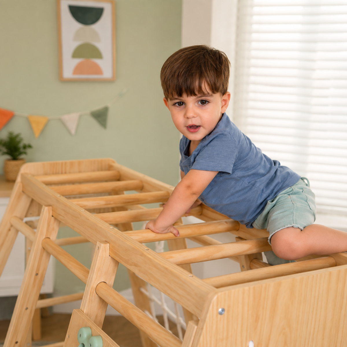 Wooden Indoor Jungle Gym for Kids | Climbing Ladder, Rock Climbing Wall, Rope Net, Monkey Bars & Swing | Active Play Structure for Indoor Fun - Image 5