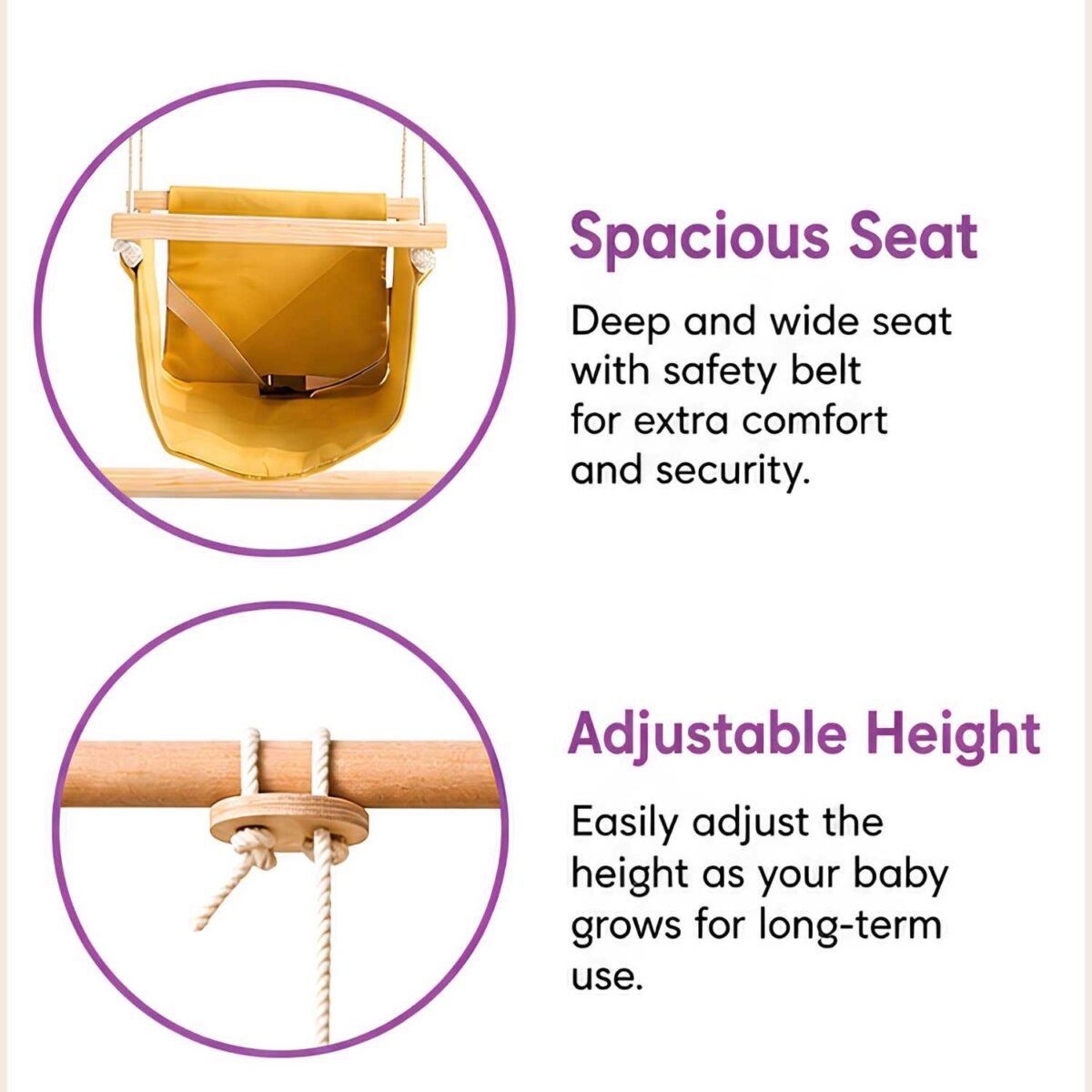 Wooden Baby Swing with Adjustable Safety Seat | Indoor & Outdoor Kids Swing - Image 3