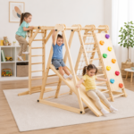 Wooden Indoor Jungle Gym for Kids with Climbing Ladder, Monkey Bars, Rock Climbing Wall, Rope Net & Slide For Kids - Image 7